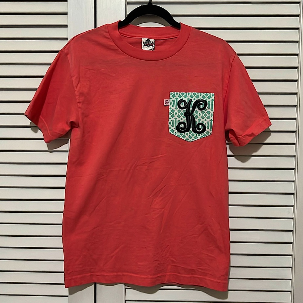 Simply Southern Embroidered Monogram K Initial Pocket Short Sleeve Women S Coral